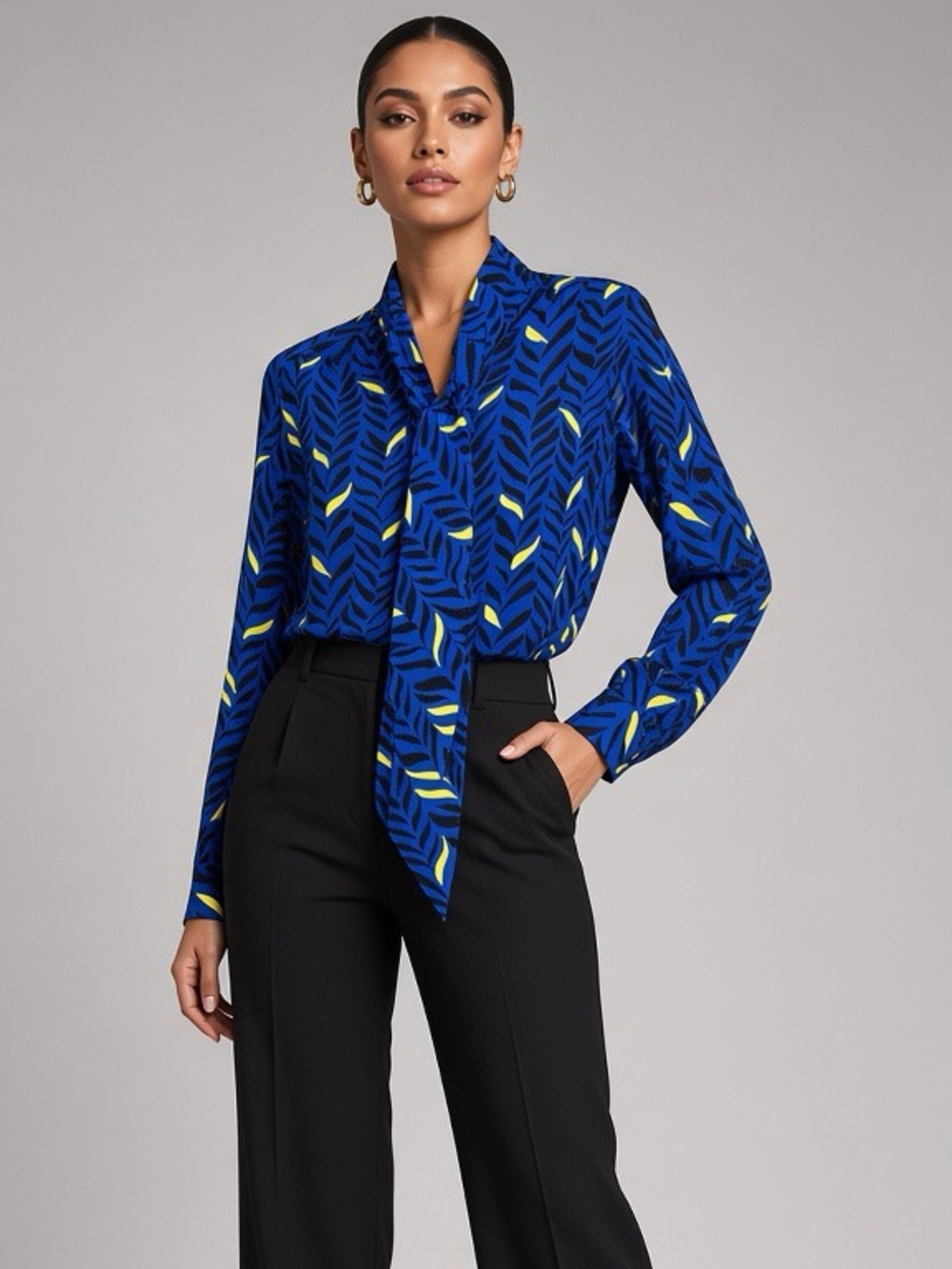 Vintage 80s Pendleton Blue Tie-Neck Blouse with Yellow Leaf Print 8
